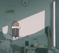 Rule 34 | 1boy, absurdres, avogado6, bag, barefoot, bed, black eyes, bottle, brown hair, brown pants, calendar (object), can, cellphone, chips (food), chopsticks, clock, commentary request, cup, curled up, curtains, depressed, disposable cup, food, highres, indoors, male focus, messy room, on bed, original, pants, phone, potato chips, shirt, sitting, smartphone, solo, table, wall clock, water bottle, white shirt