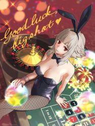 Rule 34 | 1girl, bow, bowtie, casino, commentary, crown, english commentary, fire emblem, fire emblem heroes, fishnet thighhighs, fishnets, grey hair, heart (symbol), highres, jewelry, leotard, looking at viewer, nail polish, nintendo, official alternate hairstyle, playboy bunny, poker chip, rabbit ears, red eyes, short hair, sidelocks, smile, tagme, thighhighs, veronica (fire emblem)