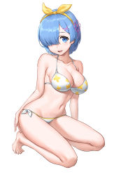 Rule 34 | 1girl, :d, absurdres, alternate costume, arm at side, arm support, bare legs, bare shoulders, barefoot, bikini, blue eyes, blue hair, breasts, cleavage, collarbone, commentary request, hair ornament, hair over one eye, hairband, highres, kneeling, kohinata (sdu0628), large breasts, looking at viewer, lower teeth only, navel, open mouth, re:zero kara hajimeru isekai seikatsu, rem (re:zero), short hair, side-tie bikini bottom, simple background, smile, solo, swimsuit, teeth, white background, white bikini, x hair ornament, yellow hairband