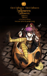 Rule 34 | 1girl, brown hair, disney, dress, english text, female focus, fork, full body, ghost, highres, horns, jack-o&#039;-lantern, kate wong, long hair, lyrics, multicolored hair, nail polish, original, pointy ears, ponytail, pumpkin, purple hair, red eyes, shoe dangle, solo, spoon, striped clothes, striped thighhighs, the nightmare before christmas, thighhighs, white hair