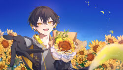 Rule 34 | 1boy, absurdres, bishounen, black gloves, black hair, blonde hair, blue sky, bouquet, dated, earrings, fang, field, flower, flower field, gloves, hair between eyes, highres, holding, holding bouquet, holostars, hood, hoodie, ibkive, jewelry, male focus, multicolored hair, open mouth, reaching, reaching towards viewer, skin fang, sky, smile, solo, sunflower, sunflower field, sunflower petals, two-tone hair, virtual youtuber, yatogami fuma, yellow eyes