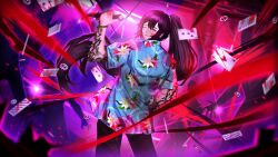 Rule 34 | 1boy, 3others, arm tattoo, blood, blood in hair, blood on face, blue eyes, blue shirt, card, floral print, game cg, grin, hawaiian shirt, highres, holding, holding knife, hong lu (project moon), knife, limbus company, long hair, looking at viewer, male focus, multiple others, nai ga, official art, one eye closed, playing card, poker chip, project moon, shirt, smile, solo focus, standing, tattoo, very long hair