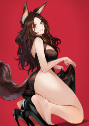 1girl, animal ears, bare shoulders, black dress, black footwear, black hair, breasts, china dress, chinese clothes, clothing cutout, dress, grin, high heels, highres, kneeling, large breasts, long hair, looking at viewer, nr noir, original, patent heels, pelvic curtain, pumps, purple eyes, red background, shoes, smile, stiletto heels, tail, thighs