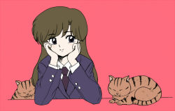 Rule 34 | 1girl, animal, brown hair, cat, cyocomi3, female focus, flat color, kuonji ukyou, long hair, looking to the side, pink background, ranma 1/2, school uniform, simple background, solo, uniform, upper body