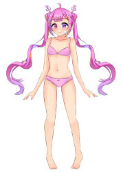 Rule 34 | 1girl, absurdres, ahoge, aldrin san, asymmetrical legwear, bandages, belly, bra, breasts, commission, commissioner upload, flat chest, highres, idol corp, knees, long hair, multicolored hair, navel, panties, pink hair, purple bra, purple eyes, purple panties, ribbon, riro ron, simple background, small breasts, socks, thighs, twintails, underwear, v, virtual youtuber, watermark, white background, wings