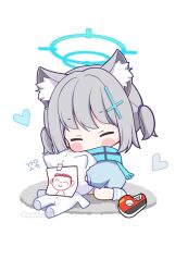 Rule 34 | 1girl, animal ear fluff, animal ears, blue archive, blue halo, blue scarf, blush stickers, closed eyes, grey hair, halo, heart, long sleeves, medium hair, scarf, shiroko (blue archive), simple background, socks, solo, striped clothes, striped socks, subin (subin 2011), twitter username, two side up, white background, wolf ears