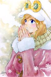 Rule 34 | 1girl, 2018, artist name, blue eyes, blush, coat, dated, fur-trimmed sleeves, fur trim, goggles, goggles on headwear, hanakotoba28, hat, highres, koala (one piece), light brown hair, looking up, one piece, pink coat, profile, scarf, short hair, signature, snowflakes, solo, swept bangs, upper body, white hat