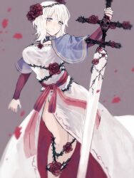 Rule 34 | 1girl, alternate costume, blue eyes, crown of thorns, dress, faust (project moon), flower, grey background, highres, limbus company, long sleeves, long sword, medium hair, project moon, red flower, red rose, rose, short cape, skull, solo, starhoshi, sword, thorns, weapon, white dress, white hair, zweihander