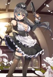 Rule 34 | 1girl, aiming, aiming at viewer, apron, black thighhighs, blue eyes, breasts, cleavage, cleavage cutout, clothing cutout, corset, detached sleeves, dual wielding, flower, frilled thighhighs, frills, glint, grey hair, gun, hairband, handgun, heterochromia, highres, holding, indoors, large breasts, lolita hairband, long hair, looking at viewer, open mouth, petals, purple eyes, risa (valkyrie connect), solo, sukja, thigh strap, thighhighs, valkyrie connect, very long hair, waist apron, weapon