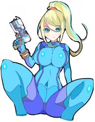 Rule 34 | 1girl, blonde hair, blue bodysuit, blue eyes, bodysuit, breasts, closed mouth, covered navel, enpe, eyes visible through hair, finger on trigger, gun, hair between eyes, hand up, handgun, highres, holding, holding gun, holding weapon, large breasts, long hair, looking at viewer, metroid, mole, mole under mouth, nintendo, ponytail, samus aran, simple background, smile, solo, weapon, white background, zero suit