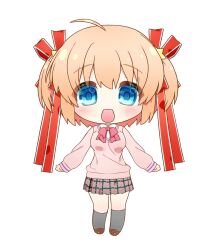 Rule 34 | 1girl, :d, ahoge, arms at sides, black socks, blonde hair, blue eyes, blush, chibi, commentary, eyes visible through hair, grey skirt, hair between eyes, hair ornament, hair ribbon, highres, kamikita komari, kneehighs, little busters!, little busters! school uniform, long ribbon, looking at viewer, miniskirt, natsuoto rito, open mouth, plaid, plaid skirt, pleated skirt, red ribbon, ribbon, school uniform, short hair, simple background, skirt, sleeves past wrists, smile, socks, solo, star (symbol), star hair ornament, straight-on, sweater, two side up, white background, yellow sweater