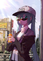 Rule 34 | 1girl, alternate costume, aqua eyes, aqua hair, aqua nails, baseball cap, black jacket, blazer, blue dress, blush, building, can, city, clothes writing, day, dress, drink can, emblem, grey hat, grey jacket, hair between eyes, hat, hatsune miku, highres, holding, jacket, light rays, long hair, long sleeves, looking at viewer, nail polish, nejikyuu, outdoors, parted lips, scarf, shade, soda can, solo, sunbeam, sunglasses, sunlight, sweater, turtleneck, twintails, two-handed, unbuttoned, upper body, very long hair, vocaloid, white sweater