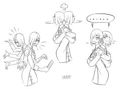 Rule 34 | 1girl, arguing, collar, conjoined, crossed arms, extra arms, eye contact, closed eyes, looking at another, monochrome, multiple heads, necktie, original, pout, ryuusei (mark ii), skirt, smile