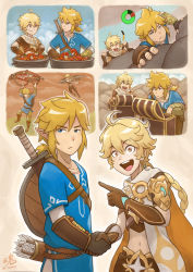 Rule 34 | 2boys, aether (genshin impact), blue eyes, braid, braided ponytail, brown gloves, climbing, crossover, gameplay mechanics, genshin impact, gliding, gloves, highres, link, looking at viewer, midair, multiple boys, nintendo, open mouth, paraglider, pointing, pointy ears, ry-spirit, teeth, the legend of zelda, the legend of zelda: breath of the wild, trait connection, treasure chest, upper teeth only, wings