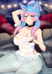 Rule 34 | 1girl, animal ear fluff, animal ears, black choker, blue eyes, blue hair, blush, breasts, choker, choko (cup), cleavage, covering privates, cup, embarrassed, flower, hair bun, hair flower, hair ornament, highres, large breasts, long hair, looking at viewer, multicolored hair, night, night sky, nose blush, nude cover, onsen, pink flower, pink hair, silvervale, sky, smile, solo, streaked hair, thighs, virtual youtuber, vshojo, water, wolf ears, wolf girl, yirusann