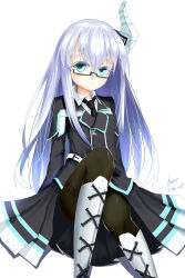 Rule 34 | 1girl, absurdres, aqua eyes, blue hair, boots, colored eyelashes, dated, eyelashes, glasses, highres, kami jigen game neptune v, karv, kiseijou rei, long hair, looking at viewer, necktie, neptune (series), pantyhose, signature, simple background, sitting, smile, solo, white background