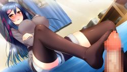 Rule 34 | 1girl, bed, blue hair, blush, breasts, censored, crossed arms, feet, footjob, game cg, giga (company), kagami suzuha, large breasts, legs, long hair, looking down, mosaic censoring, nironiro, no shoes, panties, pantyshot, penis, ren&#039;ai phase, shorts, sitting, smile, solo focus, thighhighs, thighs, toes, underwear, yellow eyes