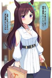 Rule 34 | 1girl, animal ears, bag, belt, belt buckle, black belt, black pantyhose, blurry, blurry background, blush, breasts, brown hair, buckle, cleavage, closed mouth, clothing cutout, commentary request, depth of field, dress, hair ornament, hairclip, highres, holding, holding bag, horse ears, horse girl, horse tail, long hair, long sleeves, looking at viewer, medium breasts, mejiro dober (umamusume), pantyhose, paper bag, puffy long sleeves, puffy sleeves, purple eyes, shopping bag, shoulder cutout, solo, tail, takiki, translation request, umamusume, v-shaped eyebrows, very long hair, white dress