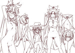 Rule 34 | &gt;:), 5girls, antennae, arm up, ass, barefoot, blush, bow, bracelet, breasts, cape, closed mouth, crossed arms, crossed legs, disembodied head, female pubic hair, flat chest, glasses, gloves, greyscale, groin, hair between eyes, hair bow, hand on own head, hand up, hat, hat bow, jeno, jewelry, large breasts, long hair, looking at viewer, monochrome, multiple girls, naked cape, navel, nipples, nude, pointy hair, profile, pubic hair, reiuji utsuho, sekibanki, semi-rimless eyewear, short hair, simple background, sitting, smile, standing, sweat, third eye, touhou, toyosatomimi no miko, trait connection, under-rim eyewear, usami sumireko, v-shaped eyebrows, white background, wings, wriggle nightbug