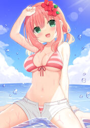 Rule 34 | 1girl, arm up, bikini, blue sky, blush, breasts, cloud, cloudy sky, day, fingernails, flower, front-tie bikini top, front-tie top, green eyes, hair between eyes, hair flower, hair ornament, head tilt, highres, horizontal-striped swimsuit, iroha (utsumire), large breasts, medium hair, nail polish, ocean, open fly, open mouth, original, outdoors, pink hair, short shorts, shorts, sidelocks, sitting, sky, smile, solo, striped bikini, striped clothes, swimsuit, utsunomiya tsumire, wariza, water drop, wet, white shorts