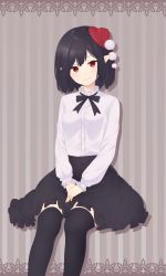 Rule 34 | 1girl, absurdres, alternate costume, black hair, black ribbon, black skirt, black thighhighs, border, breasts, drop shadow, feet out of frame, hands on lap, hat, head tilt, high collar, highres, kanpa (campagne 9), lace, lace border, long sleeves, looking at viewer, meme attire, neck ribbon, ornate border, own hands together, pointy ears, pom pom (clothes), purple background, red eyes, ribbon, shameimaru aya, shirt, short hair, sitting, skirt, small breasts, smile, solo, striped, striped background, thighhighs, tilted headwear, tokin hat, touhou, vertical stripes, virgin killer outfit, white shirt