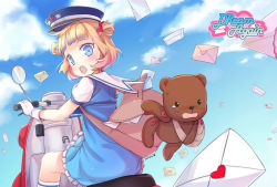 Rule 34 | 1girl, blonde hair, blue eyes, hat, jin young-in, letter, looking at viewer, love letter, motor vehicle, motorcycle, open mouth, original, peaked cap, riding, scooter, short hair, sitting, solo, stuffed animal, stuffed toy, teddy bear, vehicle