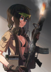 Rule 34 | 1girl, assault rifle, bag, bikini, bikini top only, black bikini, black hair, blue eyes, blush, bottle, breasts, brown background, brown gloves, brown jacket, cable, cleavage, commentary request, ear protection, furrowed brow, girls&#039; frontline, gloves, gradient background, gun, hair between eyes, holding, holding gun, holding weapon, hot, jacket, long hair, looking away, m4 carbine, m4a1 (girls&#039; frontline), medium breasts, military, military uniform, open mouth, over shoulder, partially unzipped, pocket, rifle, samaru (seiga), short sleeves, smoke, solo, sweat, swimsuit, tsurime, uniform, upper body, weapon