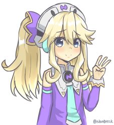 Rule 34 | 1girl, blonde hair, blue eyes, blush, female focus, hair between eyes, hair ornament, hat, histoire, long hair, looking at viewer, neptune (series), smile, solo, twintails, white background