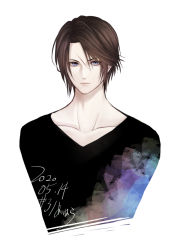 Rule 34 | 1boy, black shirt, blue eyes, brown hair, collarbone, dated, expressionless, final fantasy, final fantasy viii, hiryuu (kana h), long sleeves, looking at viewer, male focus, parted bangs, scar, scar on face, shirt, short hair, solo, squall leonhart, upper body, white background