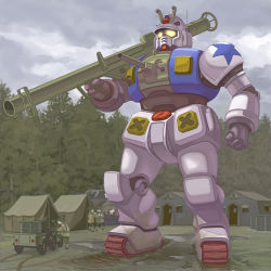 Rule 34 | alternate universe, clenched hand, glowing, glowing eyes, gun, gundam, holding, holding gun, holding weapon, jeep, mecha, military, military vehicle, mobile suit gundam, motor vehicle, redesign, robot, rx-78-2, science fiction, standing, tank, tent, v-fin, weapon, yamachan (niconico2951569), yellow eyes