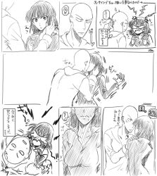 Rule 34 | 1boy, 1girl, annoyed, blush, couple, doodle, dress, flustered, fubuki (one-punch man), hands on face, hands on shoulders, highres, hood, hoodie, hug, japanese text, kiss, looking at another, nervous, nervous sweating, one-punch man, saitama (one-punch man), short hair, surprised, sweat
