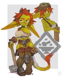 Rule 34 | anvil, blacksmith, body freckles, boots, breasts, cleavage, colored skin, female goblin, fingerless gloves, forest box, freckles, gloves, goblin, goggles, goggles on head, green skin, hammer, highres, holding, holding hammer, large breasts, large ears, long pointy ears, mallet, midriff, original, pointy ears, red hair, short hair, shortstack, sweat, tail, thigh boots