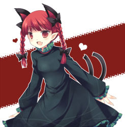 Rule 34 | 1girl, animal ears, braid, cat ears, cat girl, cat tail, female focus, hair ribbon, heart, kaenbyou rin, multiple tails, pointy ears, red eyes, red hair, ribbon, solo, standing, tail, takase kanan, touhou, twin braids, twintails, white background