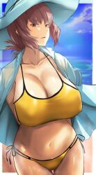 Rule 34 | 1girl, bikini, breasts, cafekun, cleavage, collarbone, fate/grand order, fate (series), florence nightingale (chaldea lifesavers) (fate), florence nightingale (fate), large breasts, looking at viewer, medium hair, navel, outdoors, parted lips, pink hair, red eyes, shiny skin, side-tie bikini bottom, solo, stomach, swimsuit, yellow bikini
