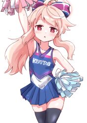 Rule 34 | 1girl, ahoge, black thighhighs, blue archive, blue skirt, blush, breasts, cheering, cheerleader, clothes writing, collarbone, cowboy shot, halo, highres, holding, holding pom poms, kurosaki kousuke, long hair, natsu (blue archive), parted lips, pink hair, pink halo, pleated skirt, pom pom (cheerleading), pom poms, red eyes, side ponytail, simple background, skirt, small breasts, solo, thighhighs, triangle mouth, white background