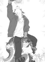 Rule 34 | 1boy, 1girl, animal ears, animal feet, arm up, ball, basketball, basketball (object), body fur, claws, closed eyes, closed mouth, crowd, dog tags, facing up, full body, furry, furry male, greyscale, hand on another&#039;s head, hands up, highres, jacket, meme, monochrome, motion lines, open mouth, original, pants, rata (norahasu), shirt, simple background, sitting, sitting on person, standing, t-shirt, tail, venom dunking on spider-man (meme), white background, wolf boy, wolf ears, wolf tail