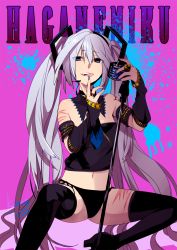 Rule 34 | 1girl, arm warmers, armlet, bad id, bad pixiv id, bare shoulders, blue eyes, boots, detached collar, fang, grey hair, hagane miku, hagane vocaloid, hatsune miku, headset, high heels, highres, jewelry, kurono yuu, long hair, microphone, microphone stand, nail polish, navel, no pants, panties, ring, scar, shoes, side-tie panties, signature, solo, spray paint, thigh boots, thighhighs, tongue, twintails, underwear, very long hair, vocaloid
