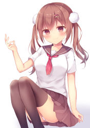 Rule 34 | 1girl, absurdres, ass, bad id, bad pixiv id, blush, breasts, brown eyes, brown hair, brown sailor collar, brown skirt, brown thighhighs, closed mouth, feet out of frame, hair between eyes, hair ornament, hairclip, hand up, head tilt, highres, long hair, medium breasts, neckerchief, original, panties, pleated skirt, red neckerchief, sailor collar, school uniform, serafuku, shirt, short sleeves, sidelocks, skirt, smile, solo, striped clothes, striped panties, thighhighs, tsuruse, twintails, underwear, white shirt