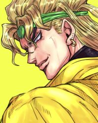 Rule 34 | 1boy, blonde hair, dio brando, ear birthmark, earrings, evil smile, headband, heart-shaped ornament, highres, jacket, jewelry, jojo no kimyou na bouken, male focus, official style, profile, red eyes, ruushii (lucy steel6969), smile, solo, stardust crusaders, turtleneck, yellow background, yellow jacket