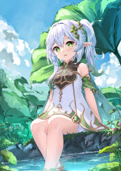 Rule 34 | 1girl, blue sky, breasts, chahei, cloud, commentary request, cross-shaped pupils, day, dress, genshin impact, green eyes, green hair, grey hair, hair ornament, highres, looking at viewer, multicolored hair, nahida (genshin impact), outdoors, parted lips, pointy ears, short shorts, shorts, shorts under dress, side ponytail, sitting, sky, sleeveless, sleeveless dress, small breasts, smile, soaking feet, solo, streaked hair, symbol-shaped pupils, water, white dress, white shorts