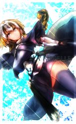 Rule 34 | 1girl, armor, armored dress, blonde hair, braid, capelet, fate/apocrypha, fate/grand order, fate (series), headpiece, highres, jeanne d&#039;arc (fate), jeanne d&#039;arc (ruler) (fate), kojima (blue stardust), long hair, looking away, purple eyes, purple thighhighs, ruler (fate/grand order), single braid, solo, thighhighs, zettai ryouiki