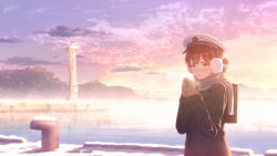 Rule 34 | 1girl, backpack, bad id, bad pixiv id, bag, blurry, bollard, brown hair, cloud, coat, cold, commentary request, dated, day, depth of field, earmuffs, forest, gradient sky, harbor, hat, kantai collection, kasuga maru (kancolle), key kun, lighthouse, looking at viewer, military hat, mittens, mountain, nature, orange eyes, outdoors, scarf, short ponytail, signature, sky, snow, solo, standing, taiyou (kancolle), twilight, upper body, water, winter, winter clothes, winter coat