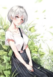 Rule 34 | 1girl, ahoge, between breasts, black skirt, blouse, blush, breasts, collarbone, emyo, flower, grey eyes, large breasts, looking at viewer, original, parted lips, shirt, short hair, silver hair, skirt, smile, solo, striped clothes, striped skirt, vertical-striped clothes, vertical-striped skirt, white shirt