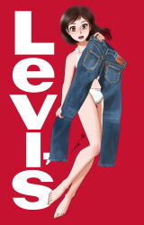 Rule 34 | 1girl, bare arms, bare legs, barefoot, black hair, bra, brown hair, chutohampa, denim, english text, holding, holding clothes, holding pants, jeans, levi&#039;s, long hair, looking at viewer, open mouth, original, panties, pants, pocket, product placement, round teeth, solo, surprised, teeth, underwear, underwear only, unworn pants, white bra, white panties