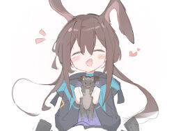 Rule 34 | 1girl, ^ ^, amiya (arknights), animal, animal ears, animal request, arknights, black jacket, blush stickers, brown hair, closed eyes, commentary, cropped torso, facing viewer, hair between eyes, hands up, heart, holding, holding animal, hood, hood down, hooded jacket, jacket, long hair, long sleeves, nalphanne, notice lines, rabbit ears, simple background, sketch, solo, symbol-only commentary, upper body, very long hair, white background
