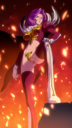 Rule 34 | 1girl, boots, breasts, clothing request, code geass, cornelia li britannia, from below, gloves, gluteal fold, high heels, highres, long sleeves, looking at viewer, looking down, matching hair/eyes, medium breasts, medium hair, puffy long sleeves, puffy sleeves, purple eyes, purple hair, tagme, thigh boots