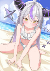 Rule 34 | 1girl, absurdres, ahoge, barefoot, beach, bikini, blue sky, blush, breasts, cloud, grey hair, highres, hololive, horns, la+ darknesss, long hair, looking at viewer, multicolored hair, navel, outdoors, pointy ears, purple hair, sitting, sky, small breasts, solo, swimsuit, tail, two-tone hair, virtual youtuber, wariza, white bikini, white nails, yellow eyes, youyoukai