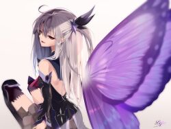 Rule 34 | 1girl, ascot, bare shoulders, black dress, black footwear, black thighhighs, blush, boots, breasts, butterfly wings, detached sleeves, dress, fate/grand order, fate/kaleid liner prisma illya, fate (series), grey hair, hair ornament, highres, illyasviel von einzbern, insect wings, long hair, looking at viewer, looking back, one side up, open mouth, pei iriya, purple skirt, red eyes, sidelocks, sitting, skirt, small breasts, smile, solo, testament (fate), thigh boots, thighhighs, thighhighs under boots, wings