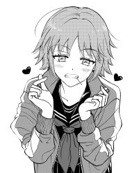 Rule 34 | 1girl, absurdres, baburo, black serafuku, blush, candy, clenched teeth, finger heart, flipped hair, food, greyscale, hair strand, heart, highres, jacket, lollipop, long sleeves, looking at viewer, monochrome, mouth hold, neckerchief, open clothes, open jacket, osano rui, school uniform, serafuku, short hair, simple background, solo, teeth, teeth hold, unzipped, upper body, world trigger