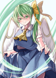 Rule 34 | 1girl, absurdres, ascot, blue eyes, blue skirt, blue vest, collared shirt, colored eyelashes, daiyousei, fairy wings, feathered wings, green background, green eyes, green hair, highres, looking at viewer, mahoro (minase mahoro), puffy short sleeves, puffy sleeves, shirt, short hair, short sleeves, side ponytail, skirt, skirt hold, smile, solo, touhou, vest, white background, white shirt, wings, yellow ascot